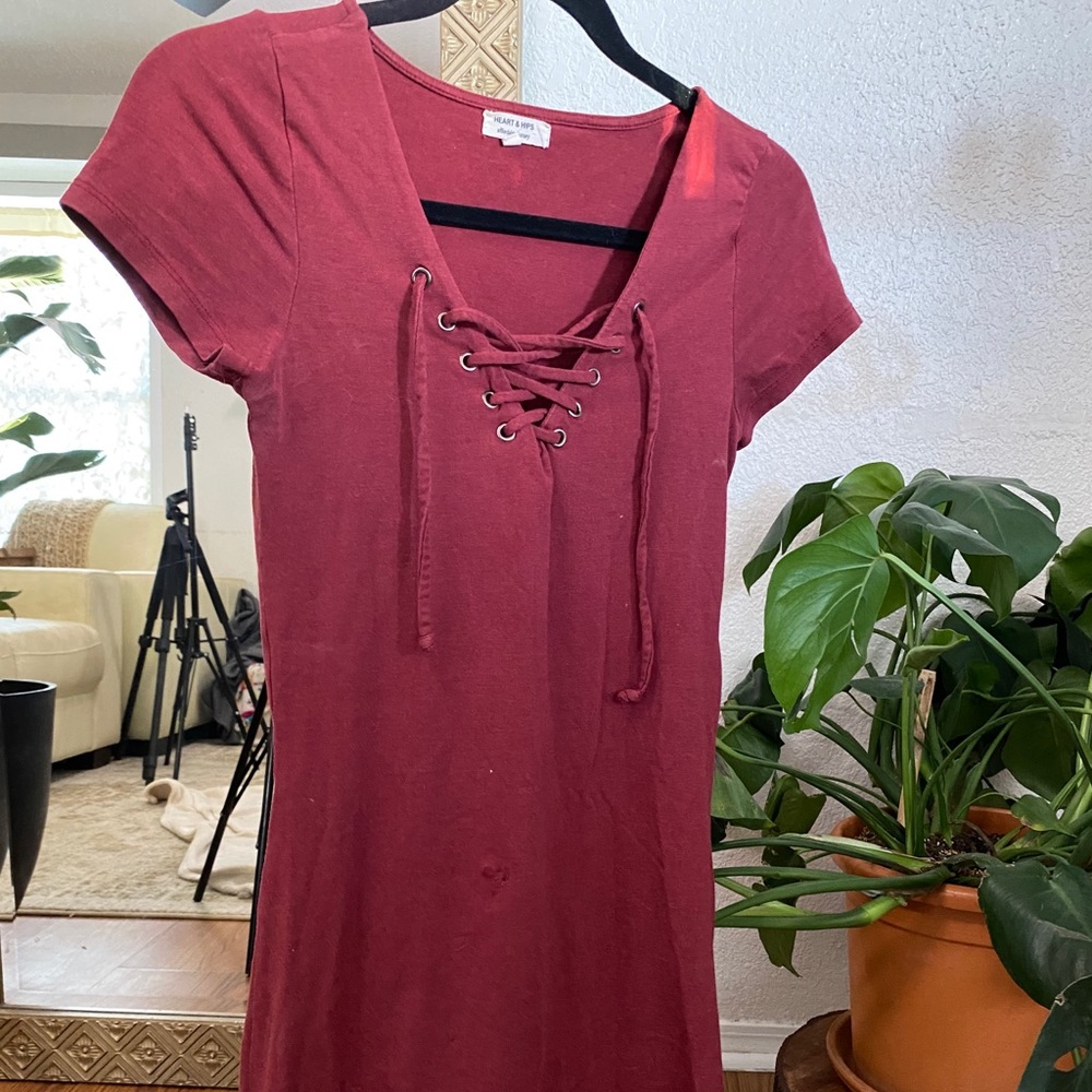 Maroon mini dress with lace up detail